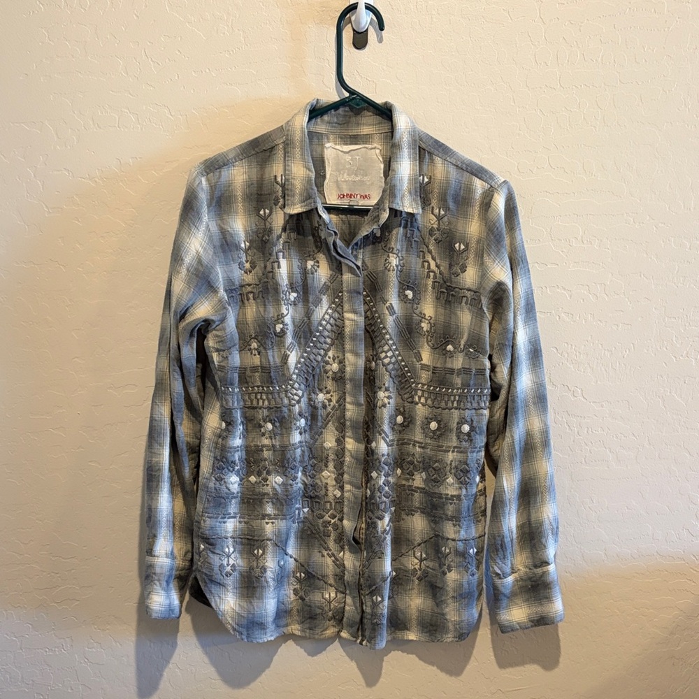 Johnny Was Gray and Cream Embroidered Plaid Shirt
